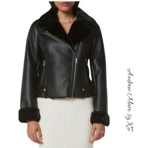 NWT Andrew Marc Black Faux Leather Faux Fur-Trim Moto Jacket XS